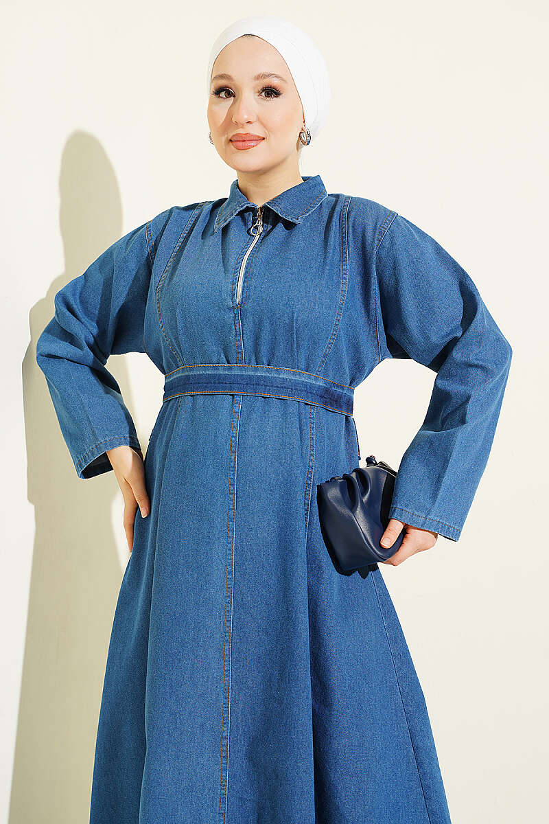 Belted Half-Zip Denim Dress - Blue