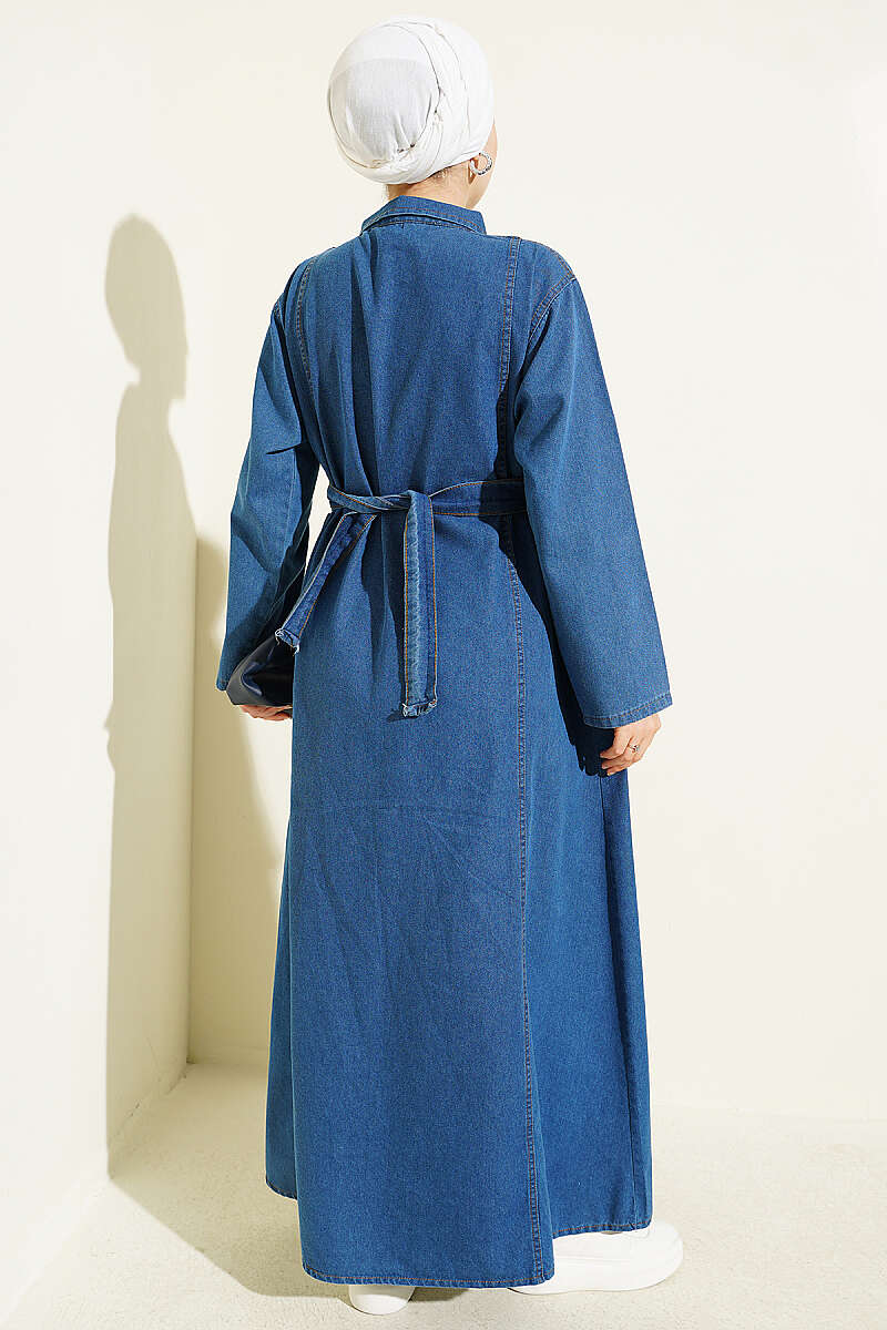 Belted Half-Zip Denim Dress - Blue