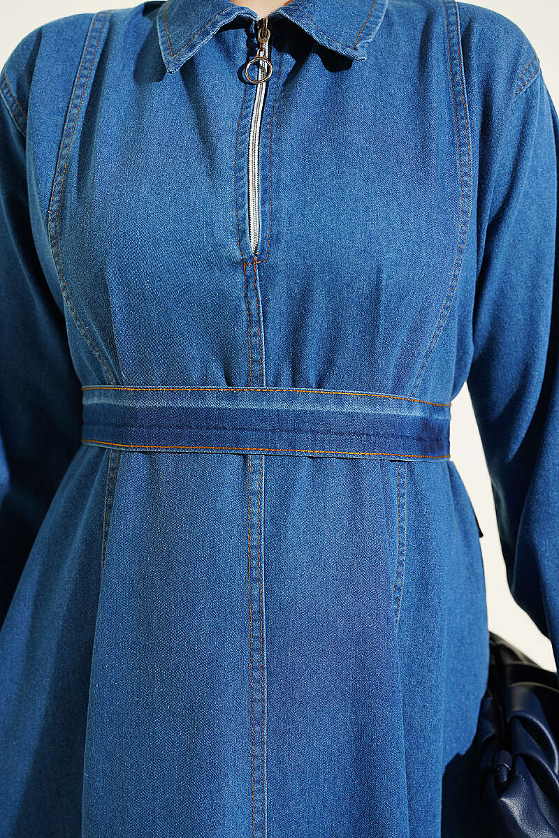 Belted Half-Zip Denim Dress - Blue
