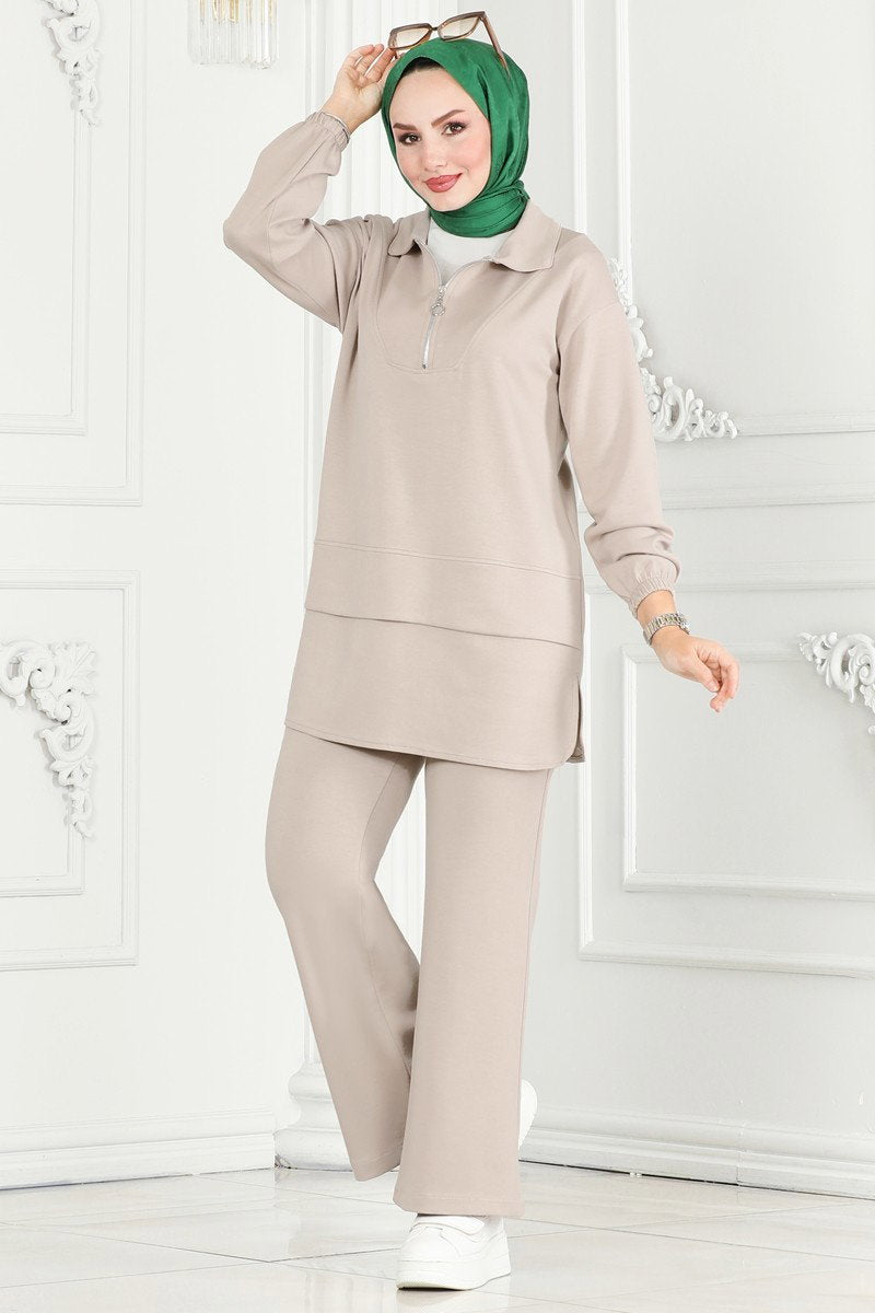 Half-Zip Modal Set - Light Stone