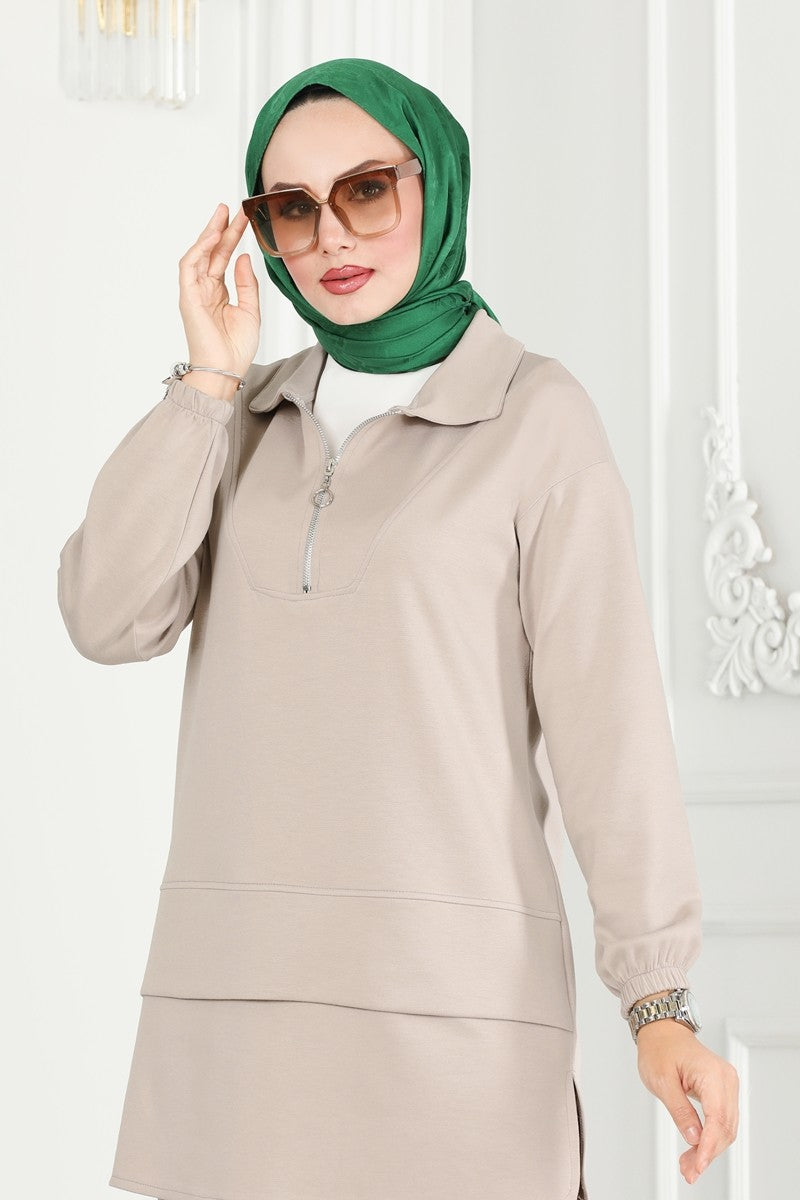 Half-Zip Modal Set - Light Stone