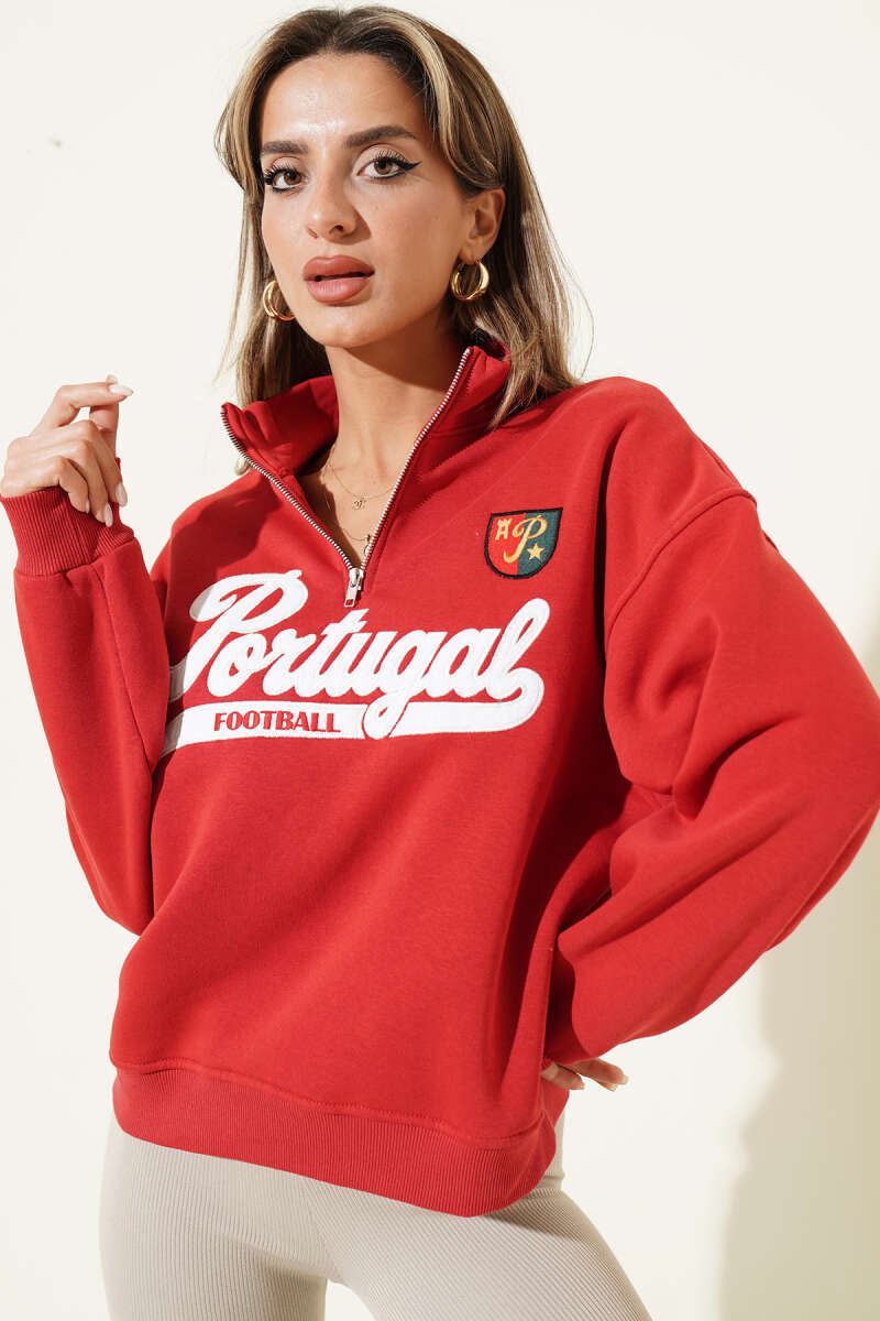 Half-Zip Portugal Print Sweatshirt - Red