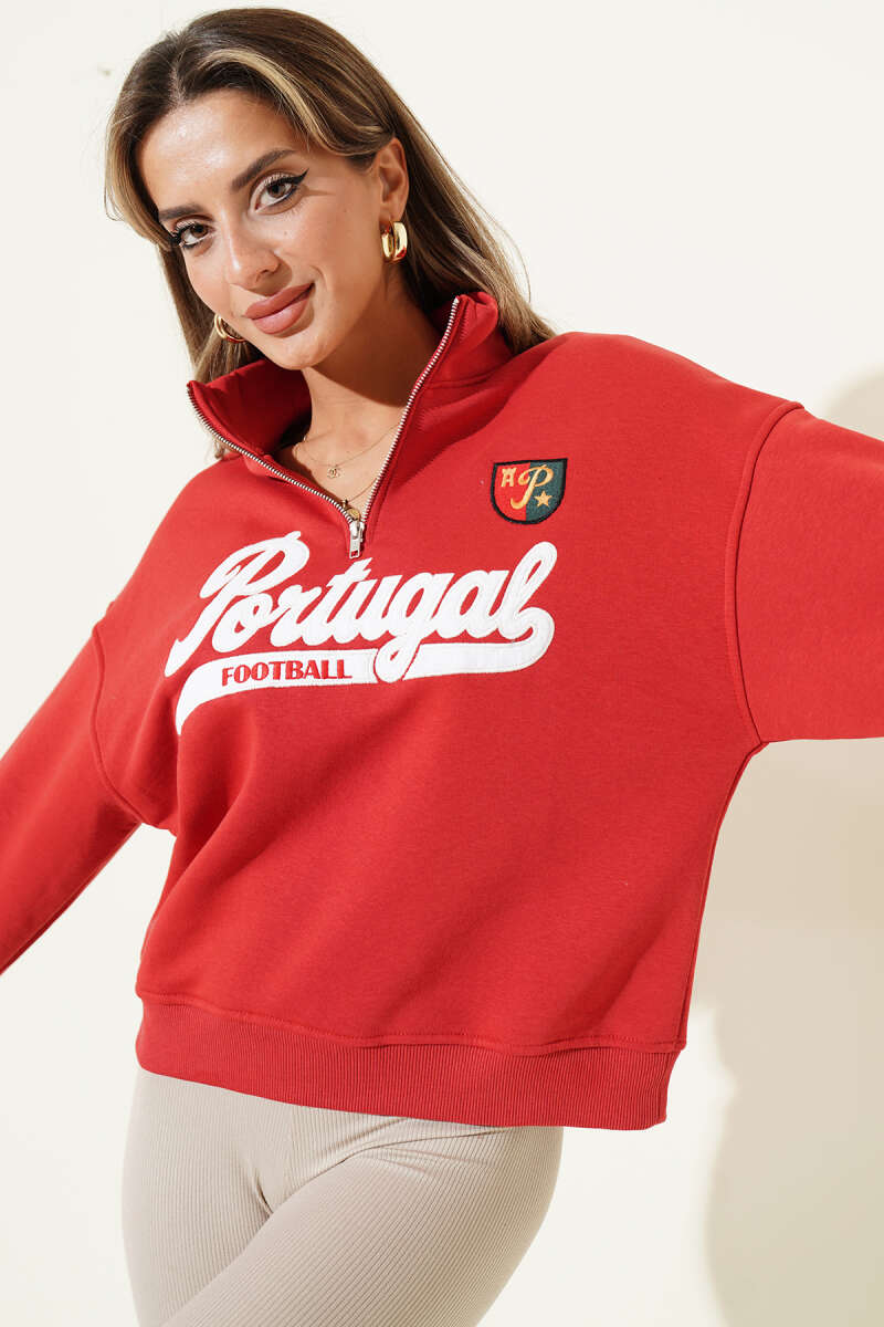 Half-Zip Portugal Print Sweatshirt - Red