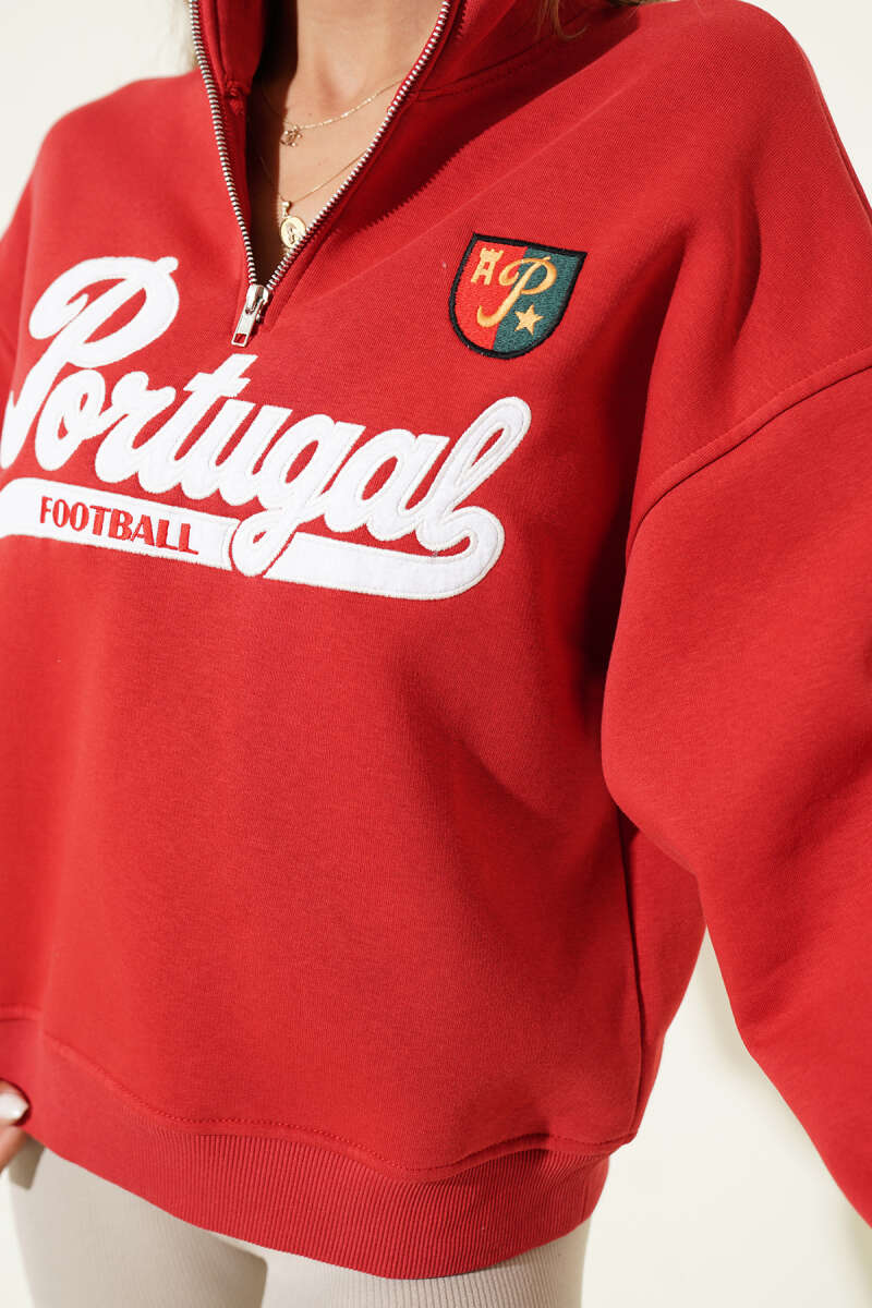 Half-Zip Portugal Print Sweatshirt - Red