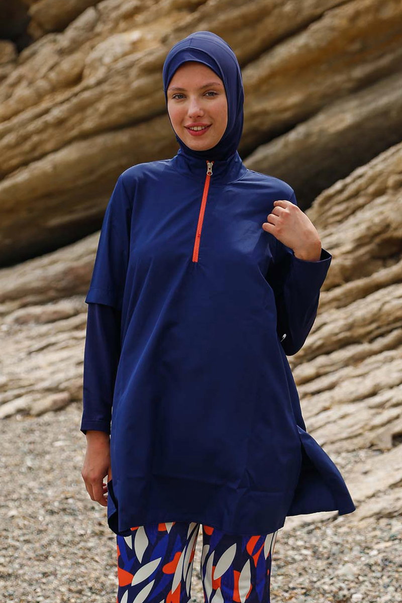 Half-Zip Full-Coverage Swimsuit - Navy