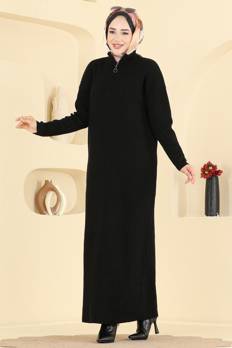 Half-Zip Knit Dress - Black