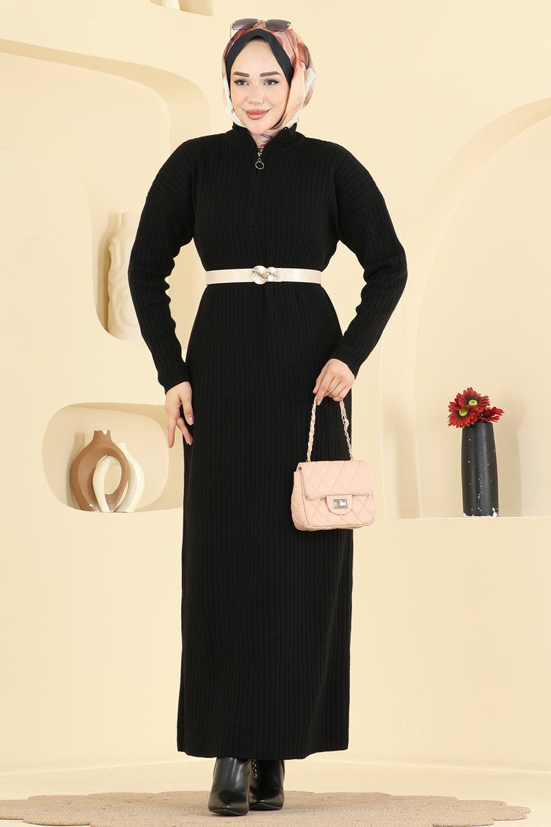 Half-Zip Knit Dress - Black