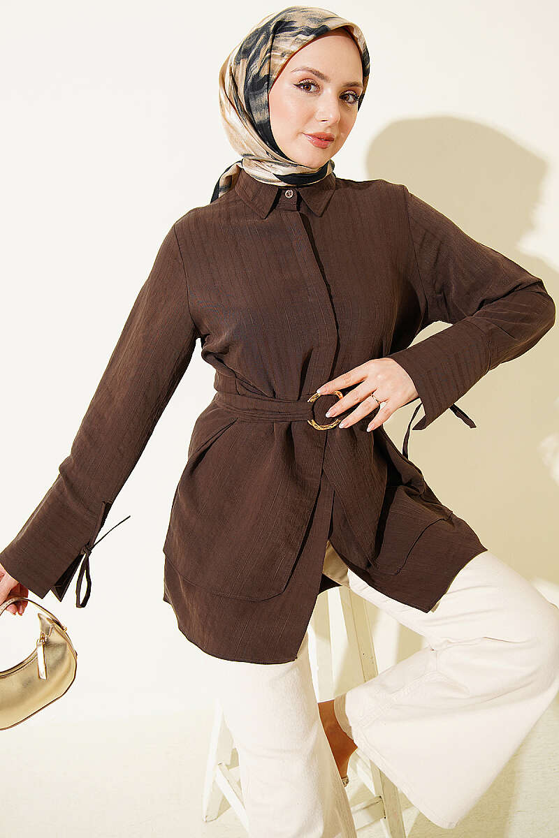Tie Tunic with Half Concealed Buttons - Brown