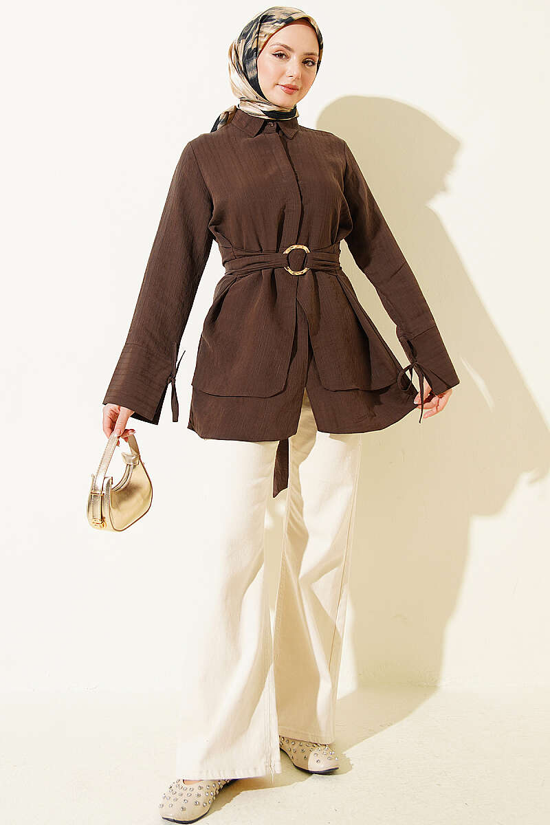 Tie Tunic with Half Concealed Buttons - Brown
