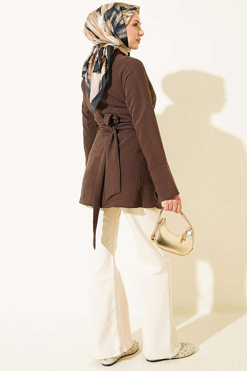 Tie Tunic with Half Concealed Buttons - Brown