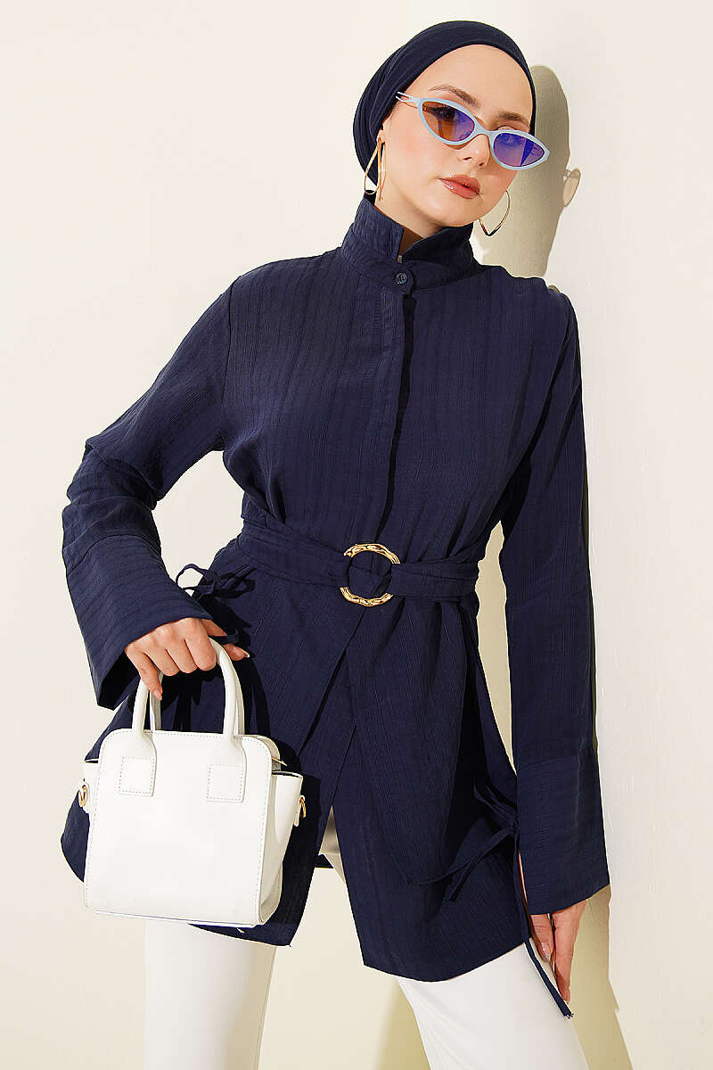 Tie Tunic with Half Concealed Buttons - Navy