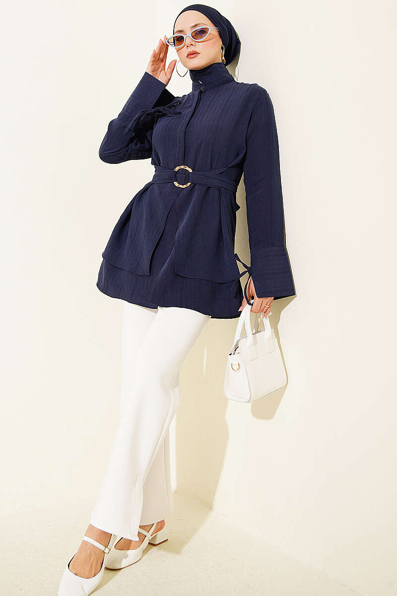 Tie Tunic with Half Concealed Buttons - Navy