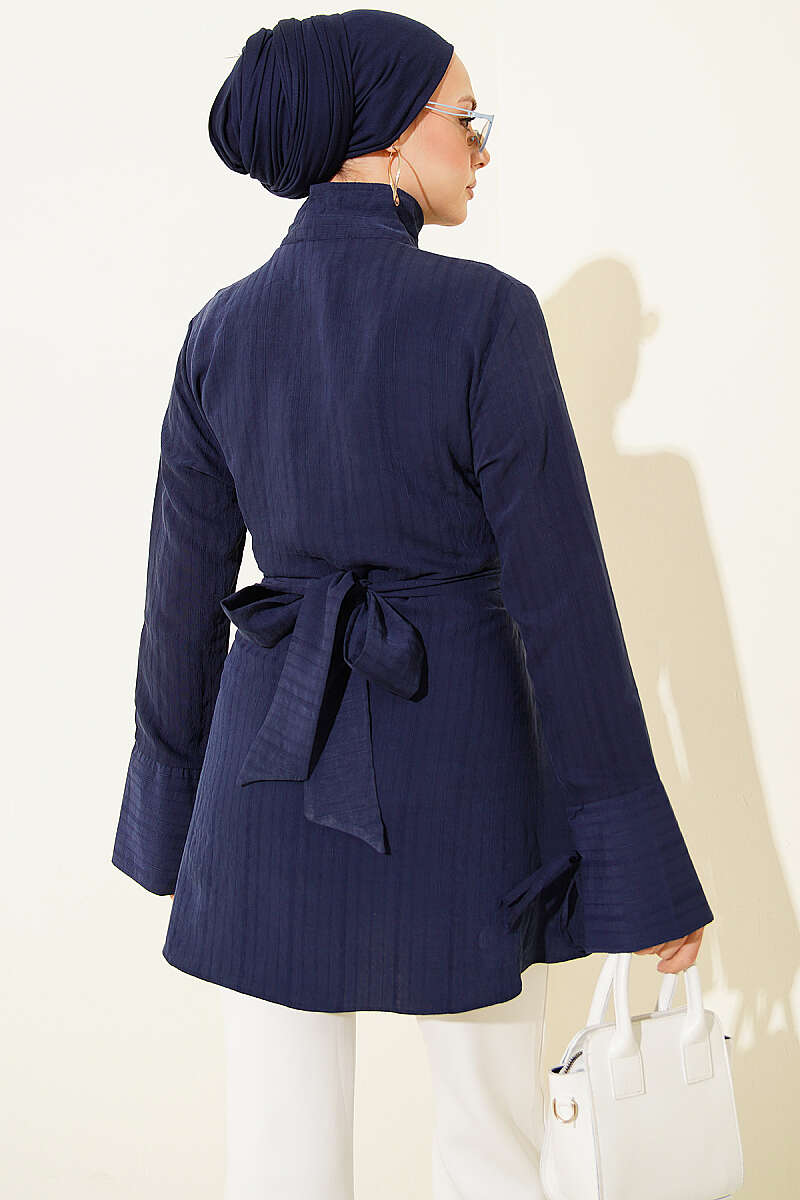 Tie Tunic with Half Concealed Buttons - Navy