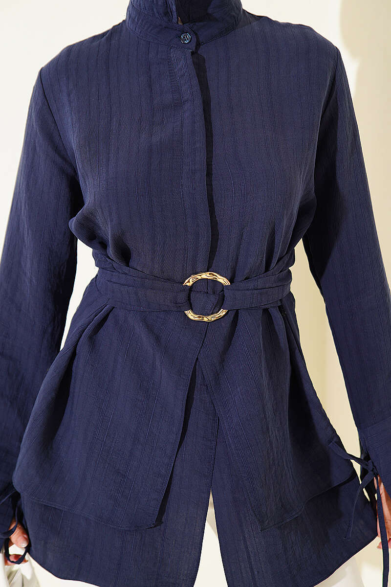 Tie Tunic with Half Concealed Buttons - Navy