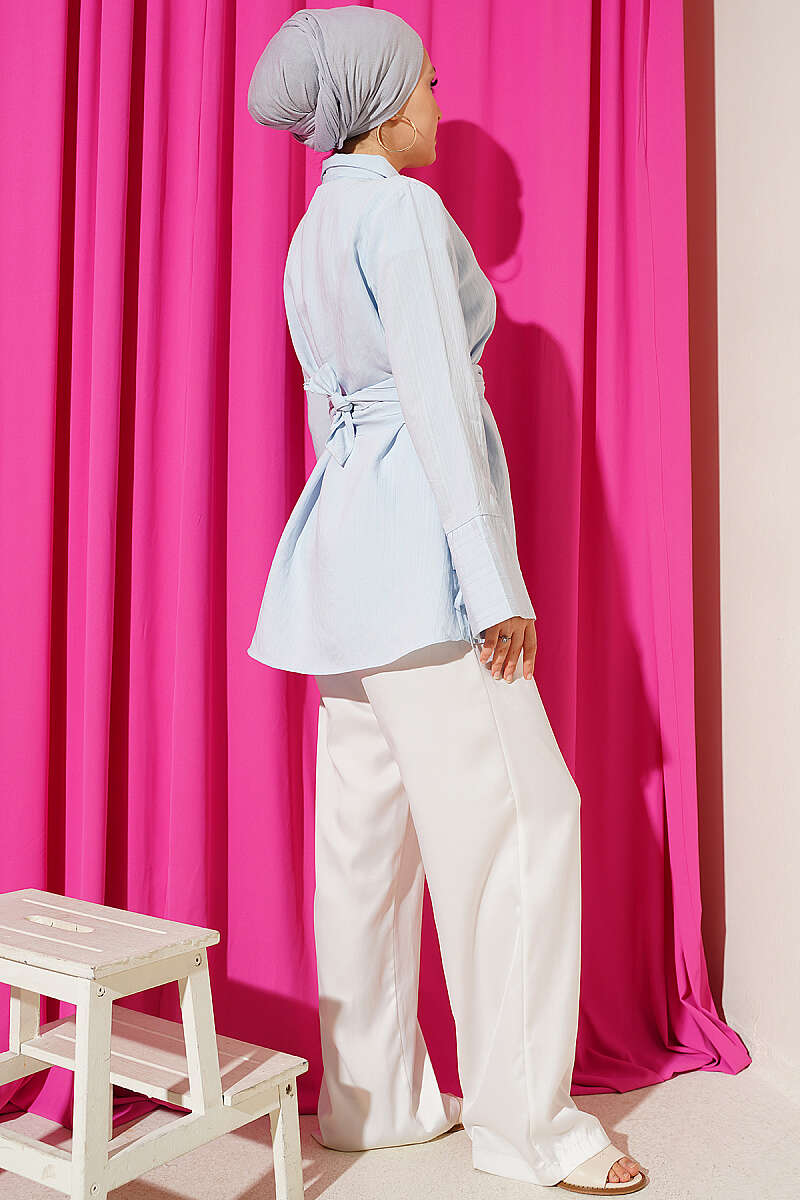 Tie Tunic with Half Concealed Buttons - Blue