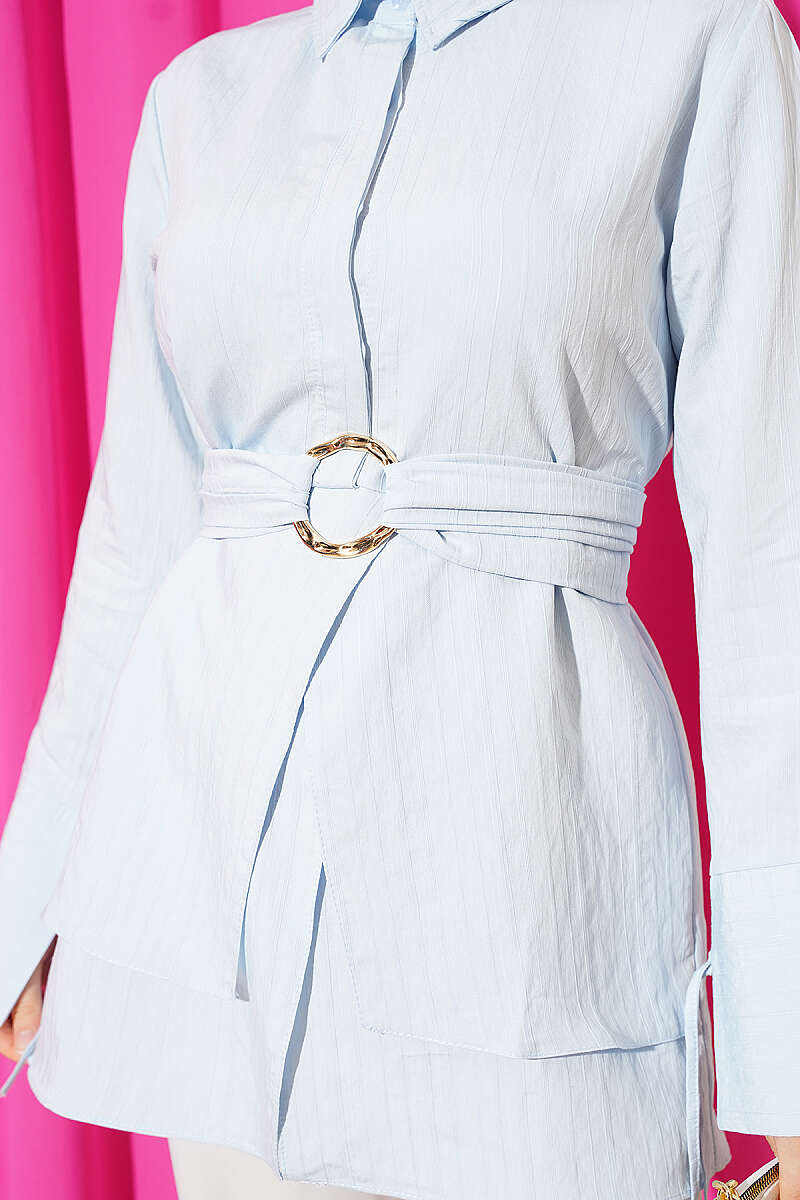 Tie Tunic with Half Concealed Buttons - Blue