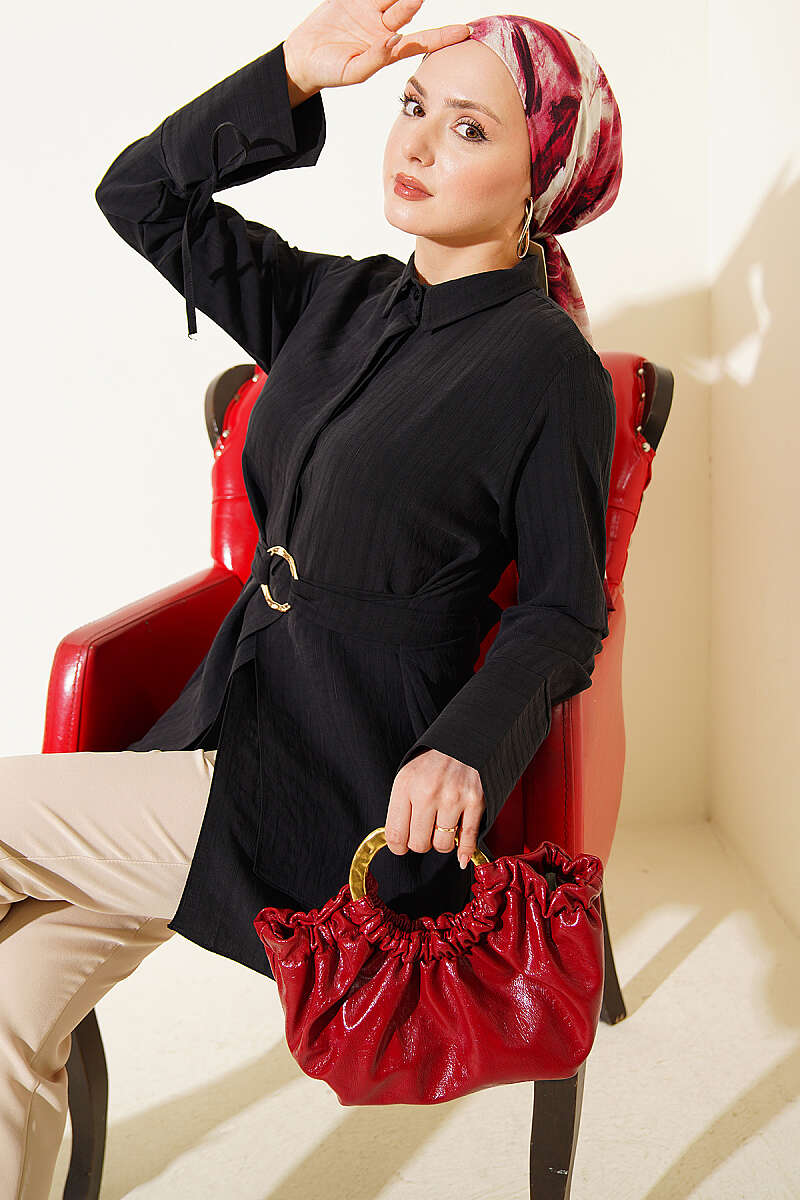 Tie Tunic with Half Concealed Buttons - Black