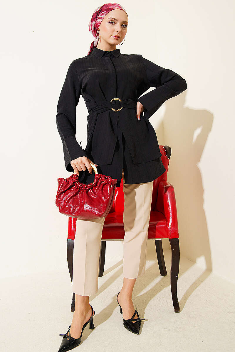 Tie Tunic with Half Concealed Buttons - Black