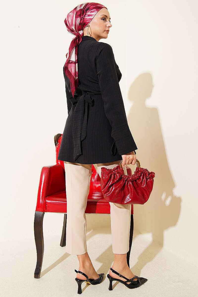 Tie Tunic with Half Concealed Buttons - Black