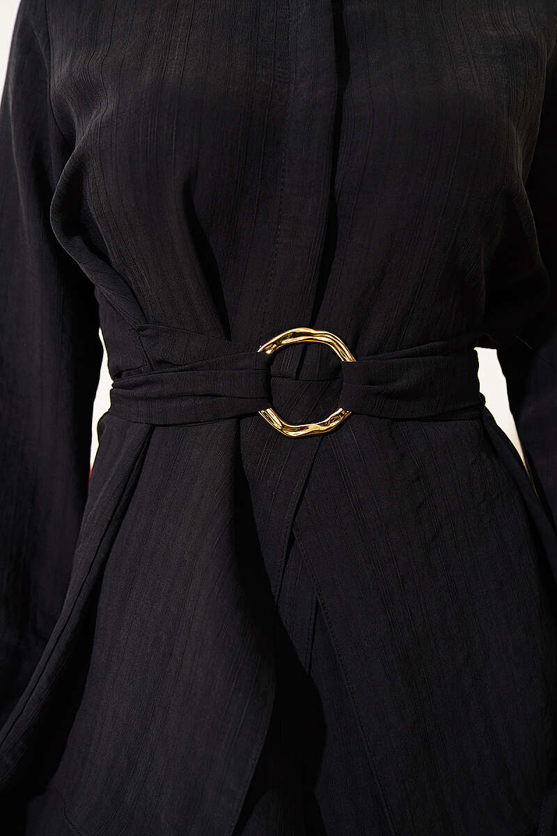 Tie Tunic with Half Concealed Buttons - Black