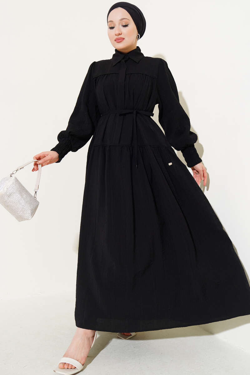 Tie Dress with Half-Concealed Buttons - Black