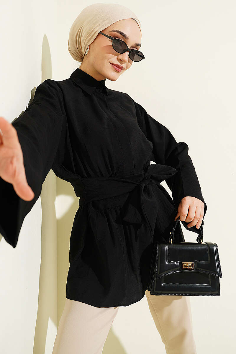 Belted Shirt with Half-Concealed Buttons - Black