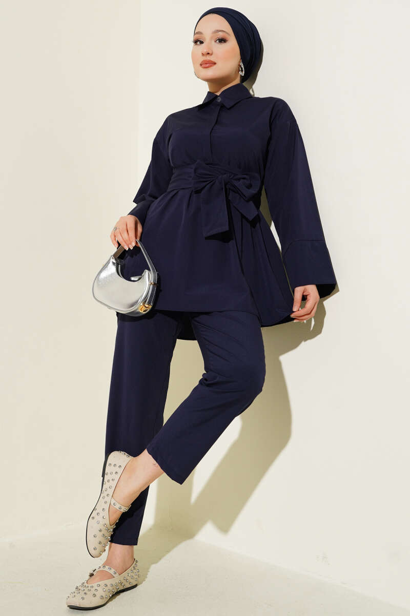 Belted Two-Piece Set with Half Concealed Buttons - Navy