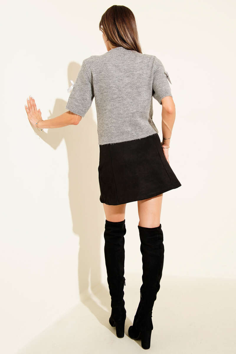 Half-Sleeve Knit Cardigan with Bows - Grey