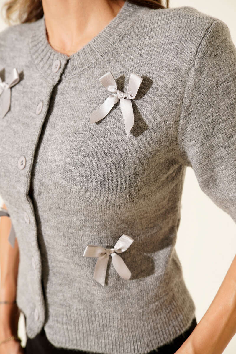 Half-Sleeve Knit Cardigan with Bows - Grey