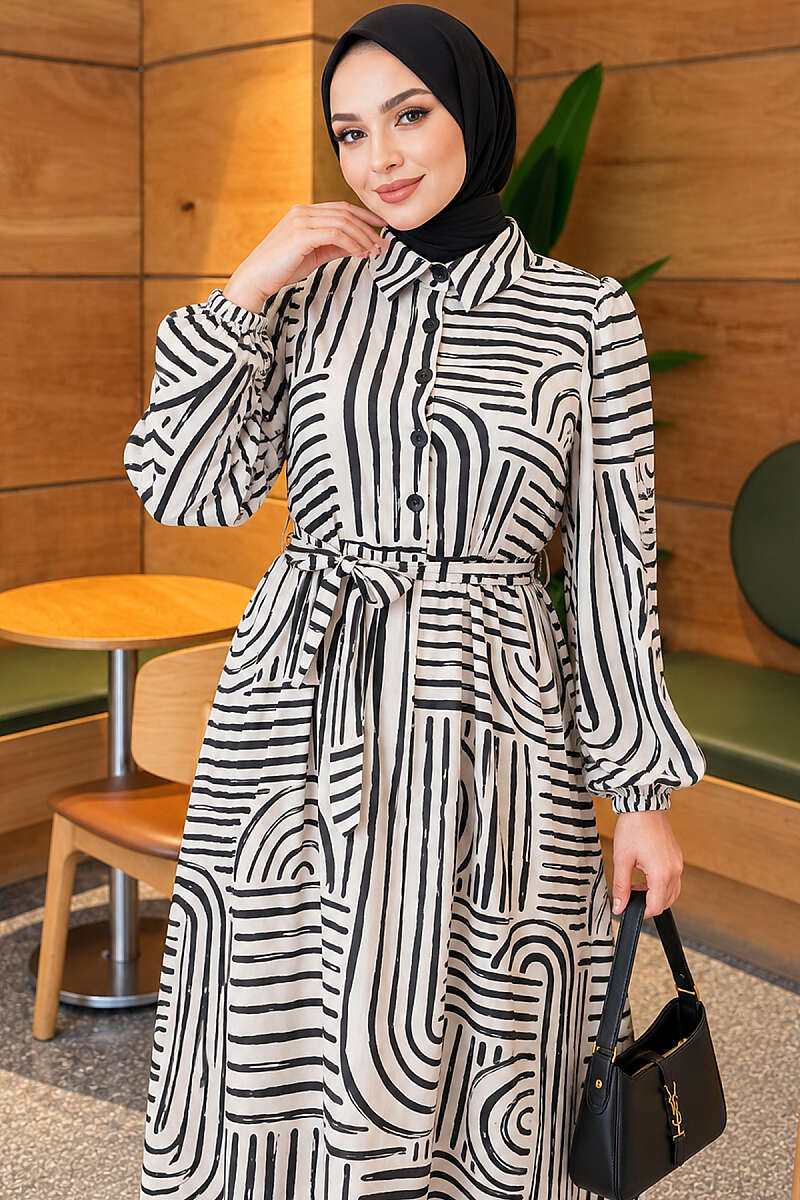 Patterned Satin Dress with Half Placket - Black