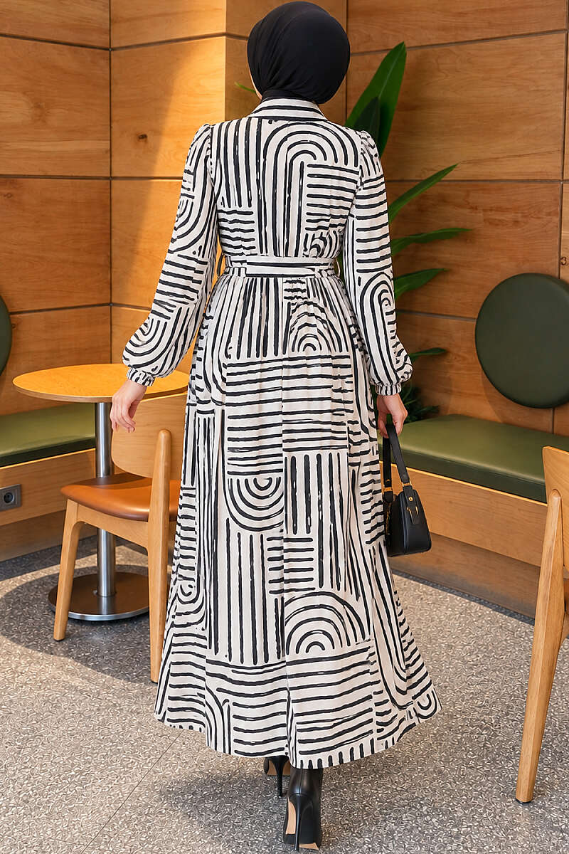 Patterned Satin Dress with Half Placket - Black
