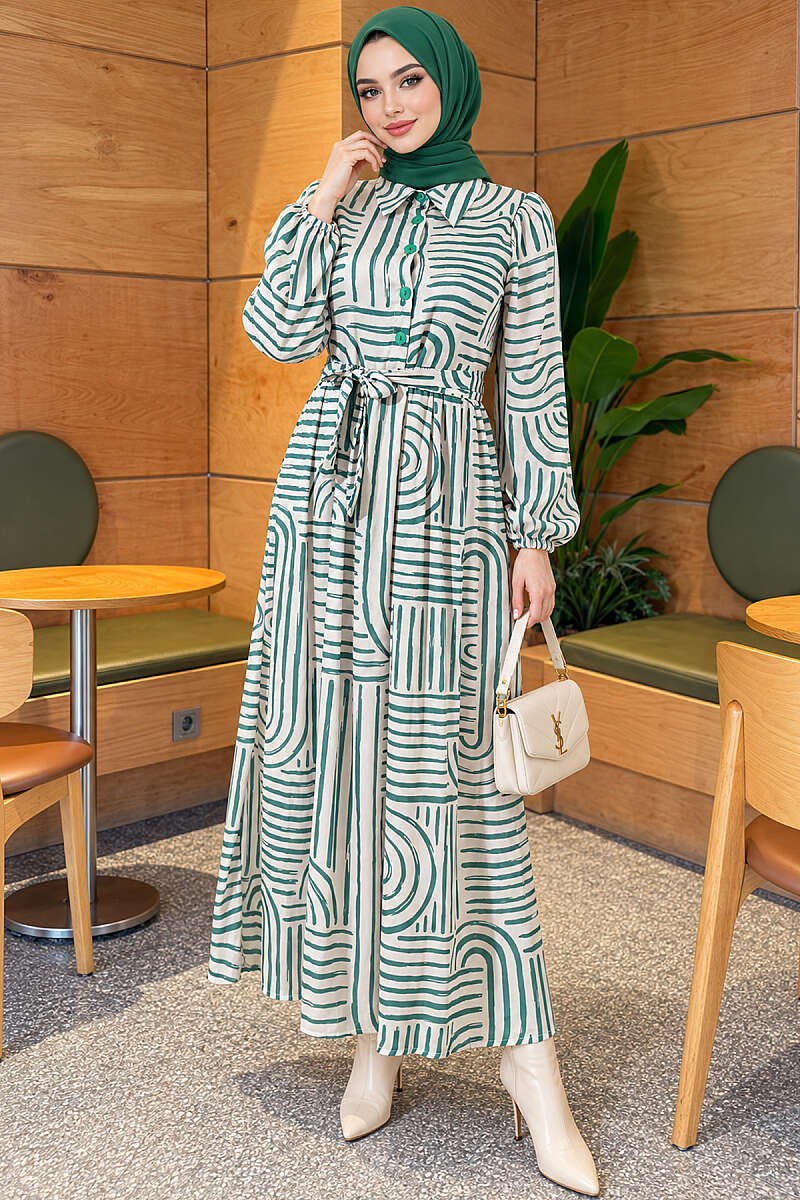 Patterned Satin Dress with Half Placket - Green