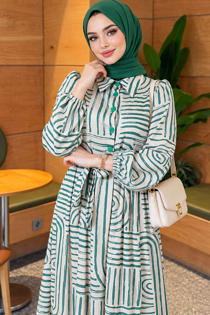 Patterned Satin Dress with Half Placket - Green