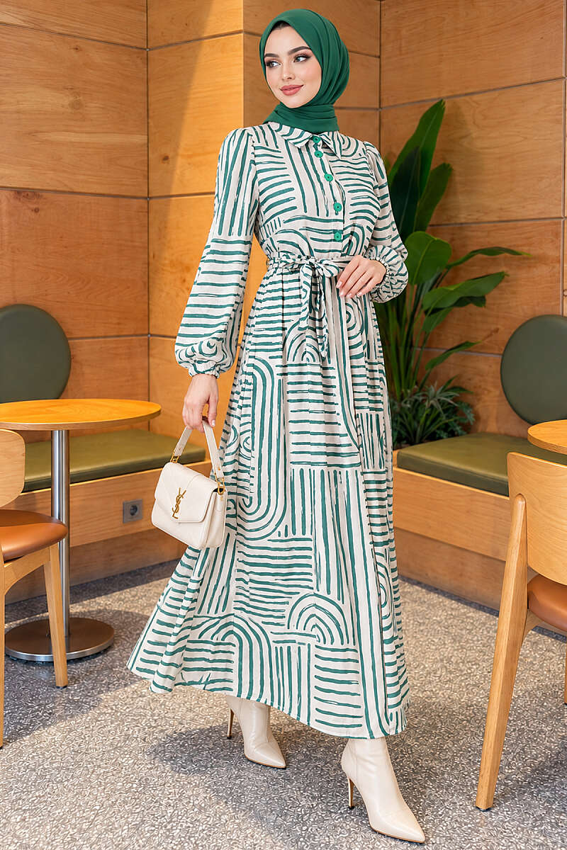Patterned Satin Dress with Half Placket - Green