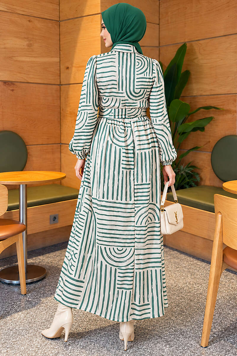 Patterned Satin Dress with Half Placket - Green
