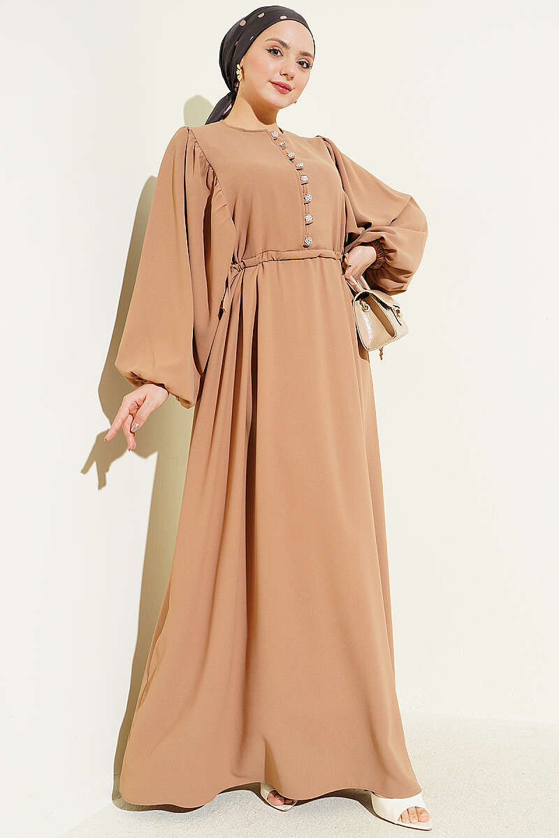 Side-Lace Dress with Half Stone Buttons - Sand