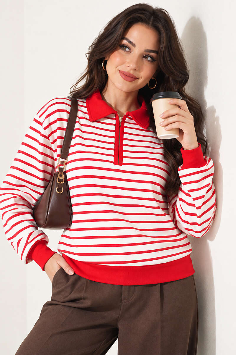 Striped Half-Zip Sweatshirt - Red