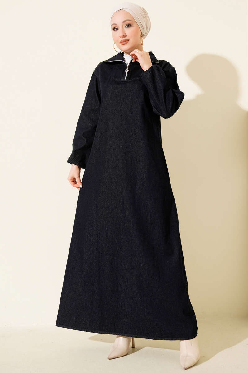 Half-Zip Collar Denim Dress - Navy
