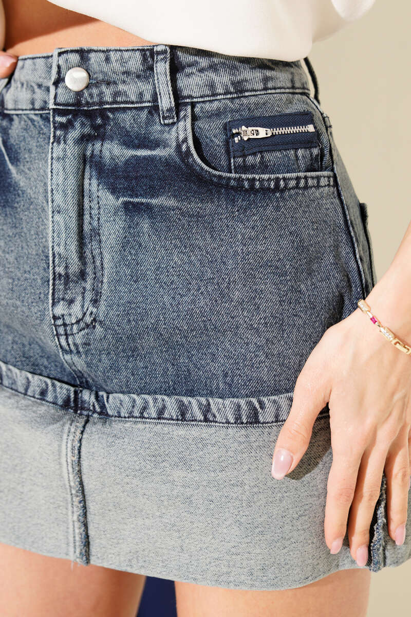 Half-Reversed Denim Mini Skirt - Denim Blue