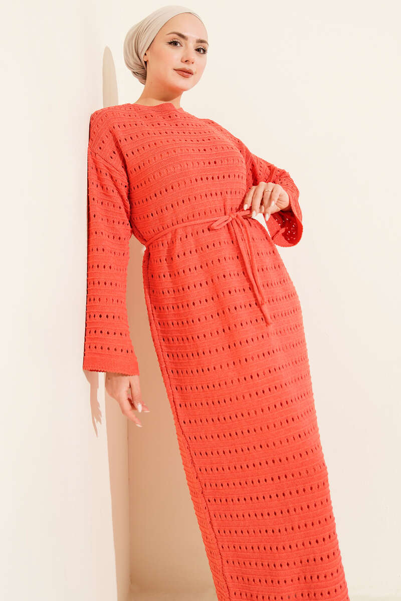 Pointelle Knit Dress with Cord Belt - Dusty Rose