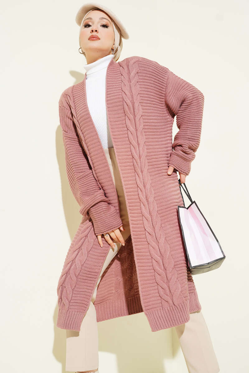 Horizontal Embossed-Stripe Knit Cardigan - Dusty Rose