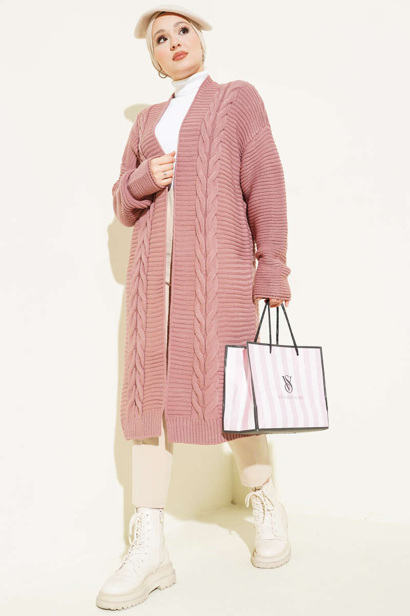 Horizontal Embossed-Stripe Knit Cardigan - Dusty Rose