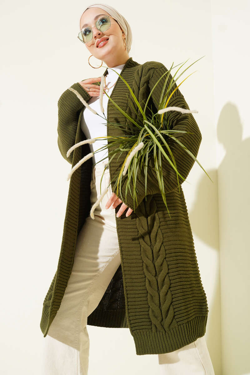 Horizontal Embossed-Stripe Knit Cardigan - Khaki