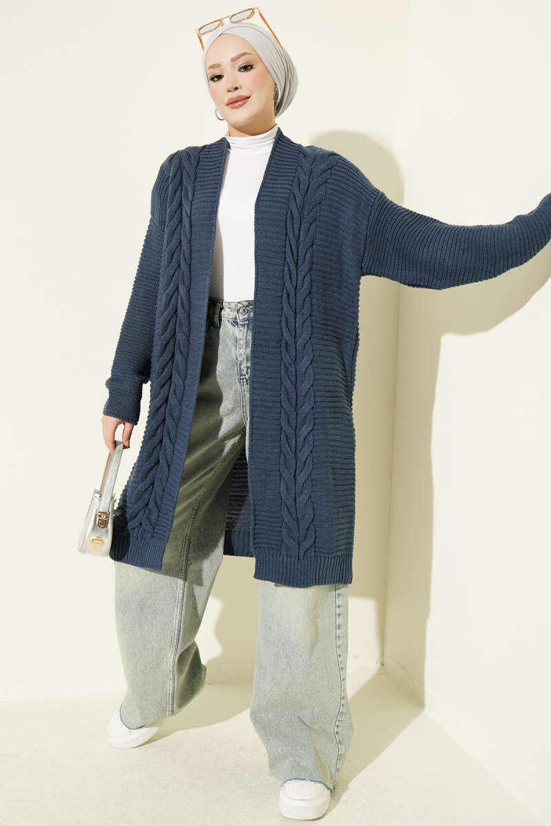 Horizontal Embossed-Stripe Knit Cardigan - Indigo