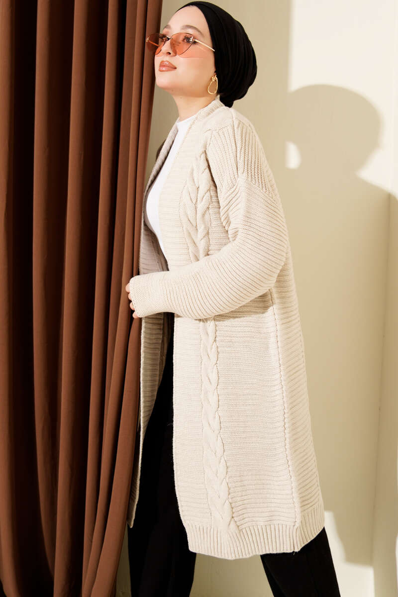 Horizontal Embossed-Stripe Knit Cardigan - Stone