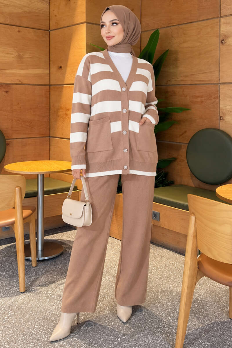 Striped Knit Two-Piece Set with Pockets - Latte