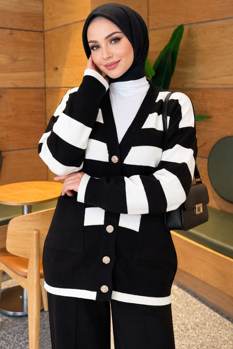 Striped Knit Two-Piece Set with Pockets - Black