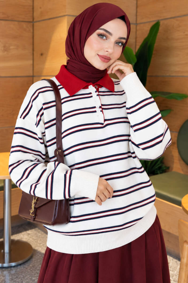 Striped Button Knit Sweater - Ecru