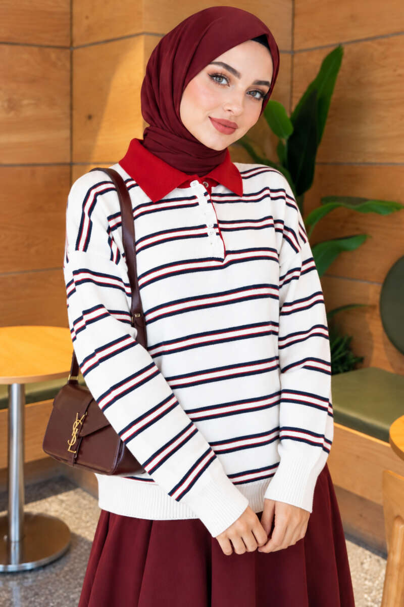 Striped Button Knit Sweater - Ecru