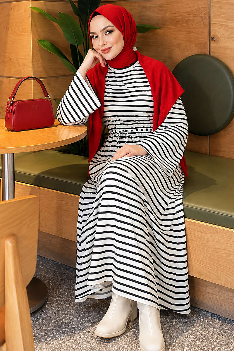 Striped Dress with Tie Cord - Black